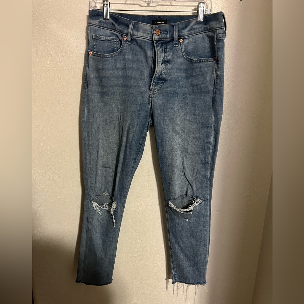 EXPRESS Classic High Waisted Light Wash Distressed Skinny Denim Jeans Wms Sz 10R